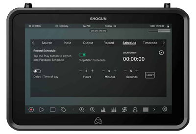 Atomos Shogun with recording schedule menu open