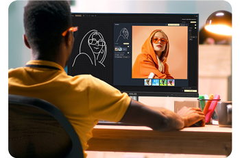 AI artist generating new imagery of woman wearing orange jacket